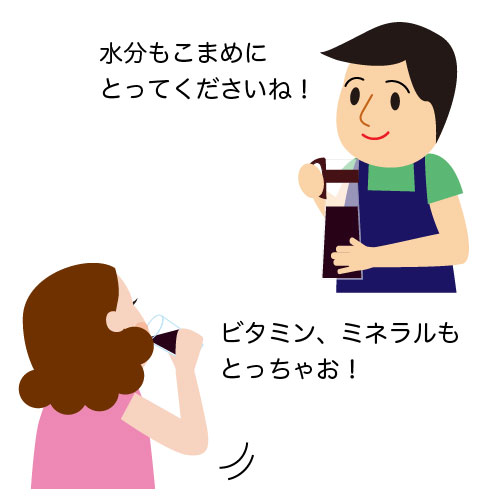 水分補給を進める食育さんとプルーンドリンクを飲むミキさん